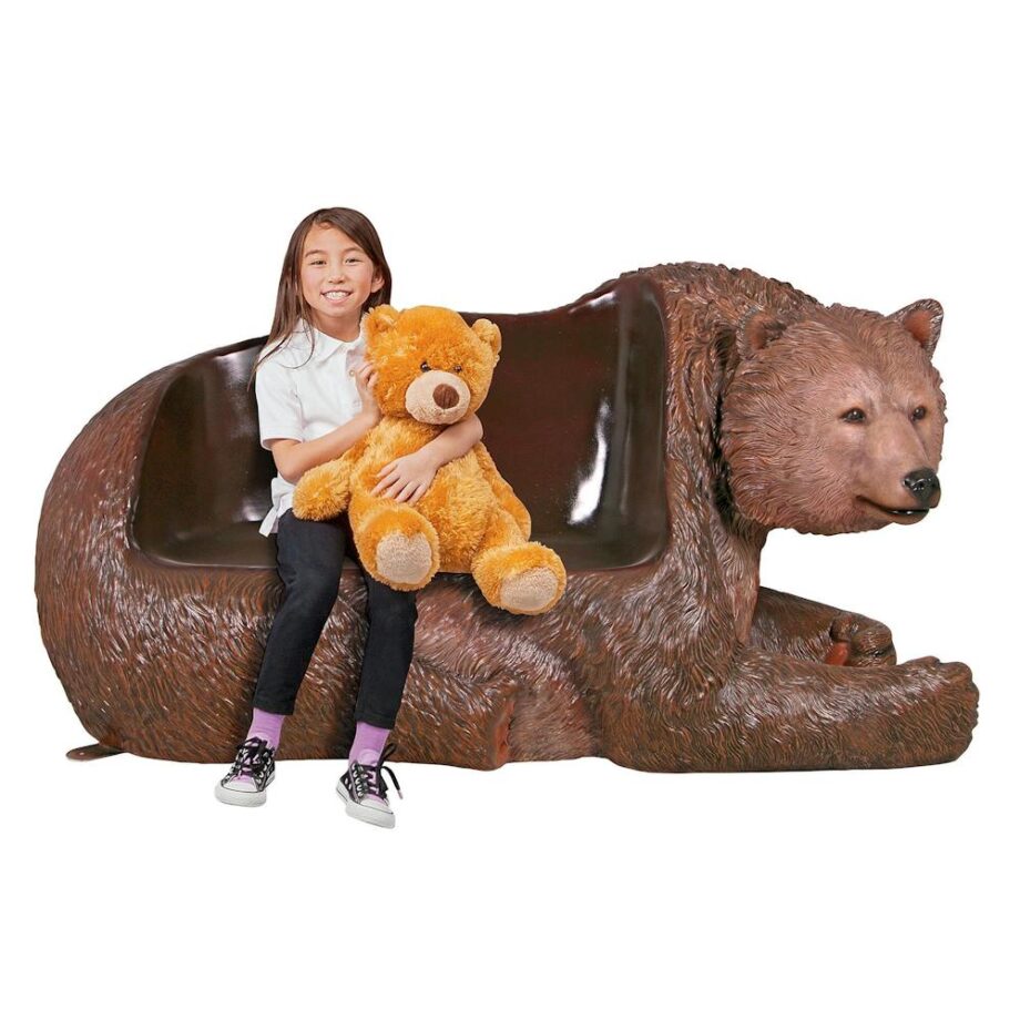 Brawny Grizzly Brown Bear Bench Sculpture