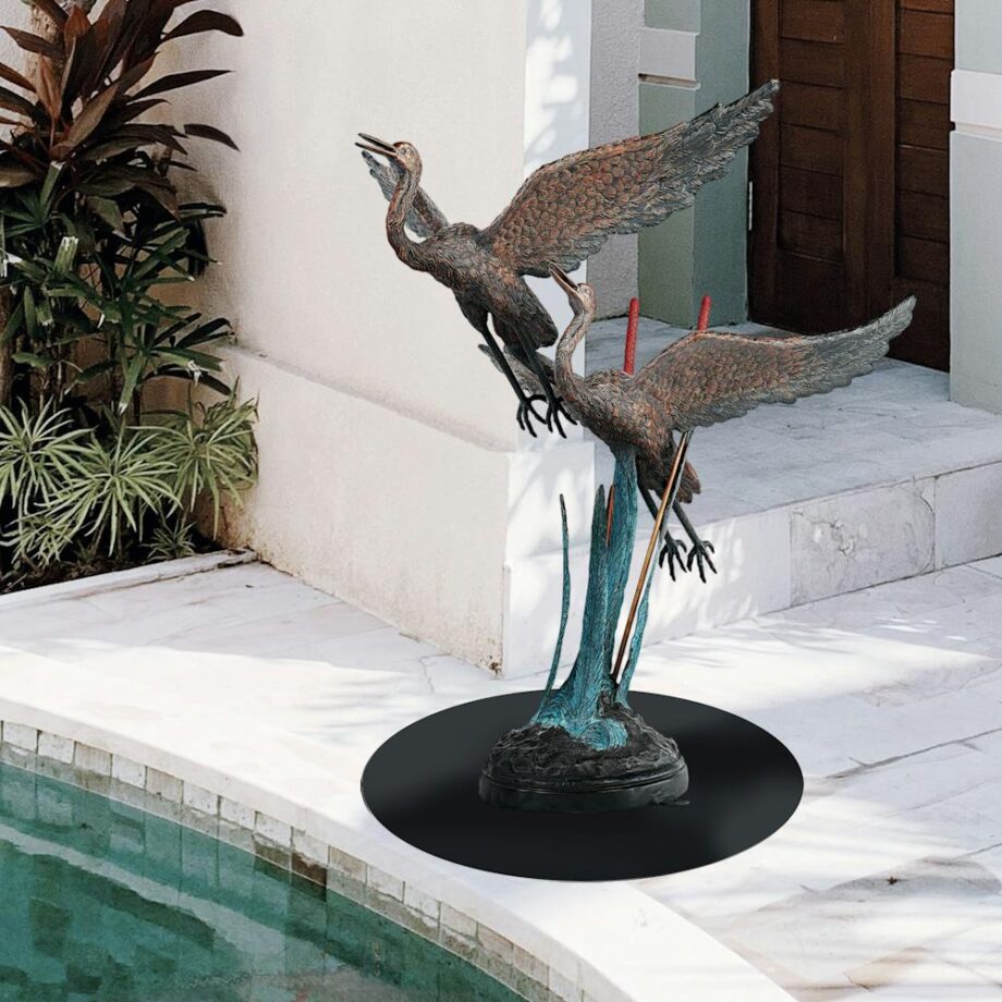 Flying Heron Pair in Reeds Cast Bronze Garden Statue DD2164