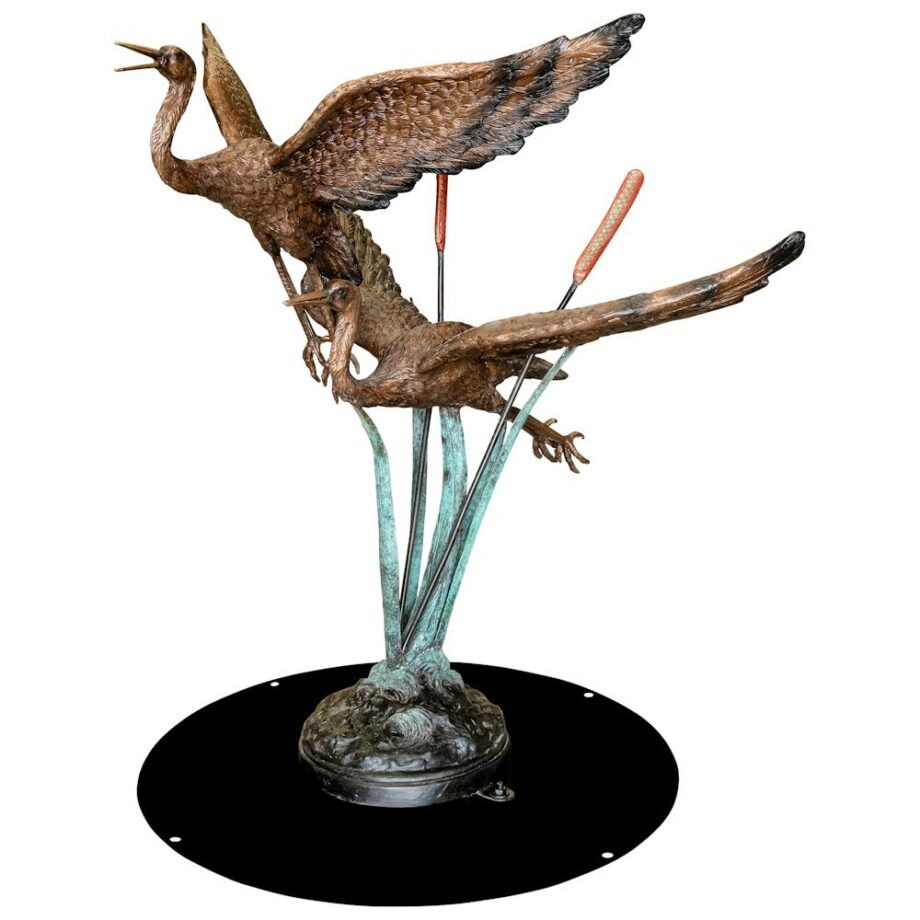 Flying Heron Pair in Reeds Cast Bronze Garden Statue