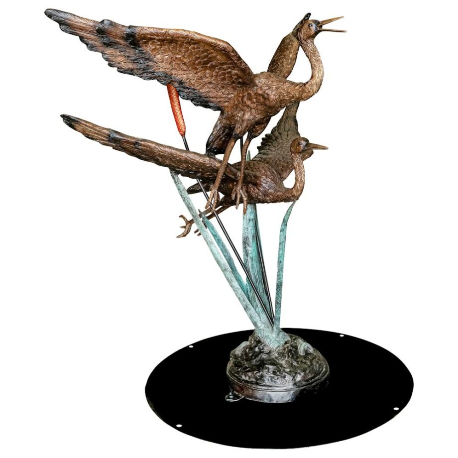 Flying Heron Pair in Reeds Cast Bronze Garden Statue