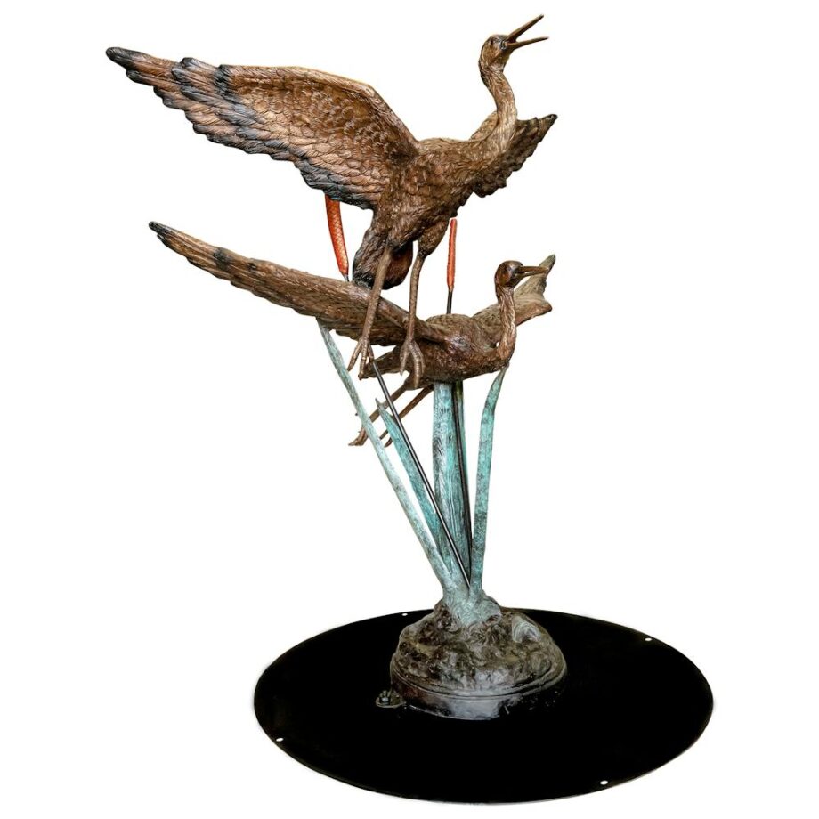 Flying Heron Pair in Reeds Cast Bronze Garden Statue