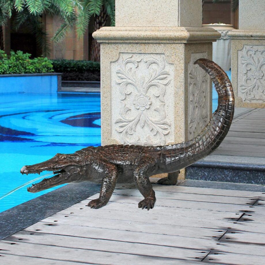 Gator on the Prowl: Spitting Bronze Alligator Garden Statue SU1860