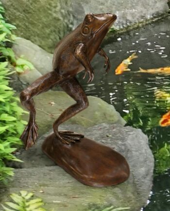 Leaping, Spitting Frog Cast Bronze Garden Statue: Brown Sepia AS22053