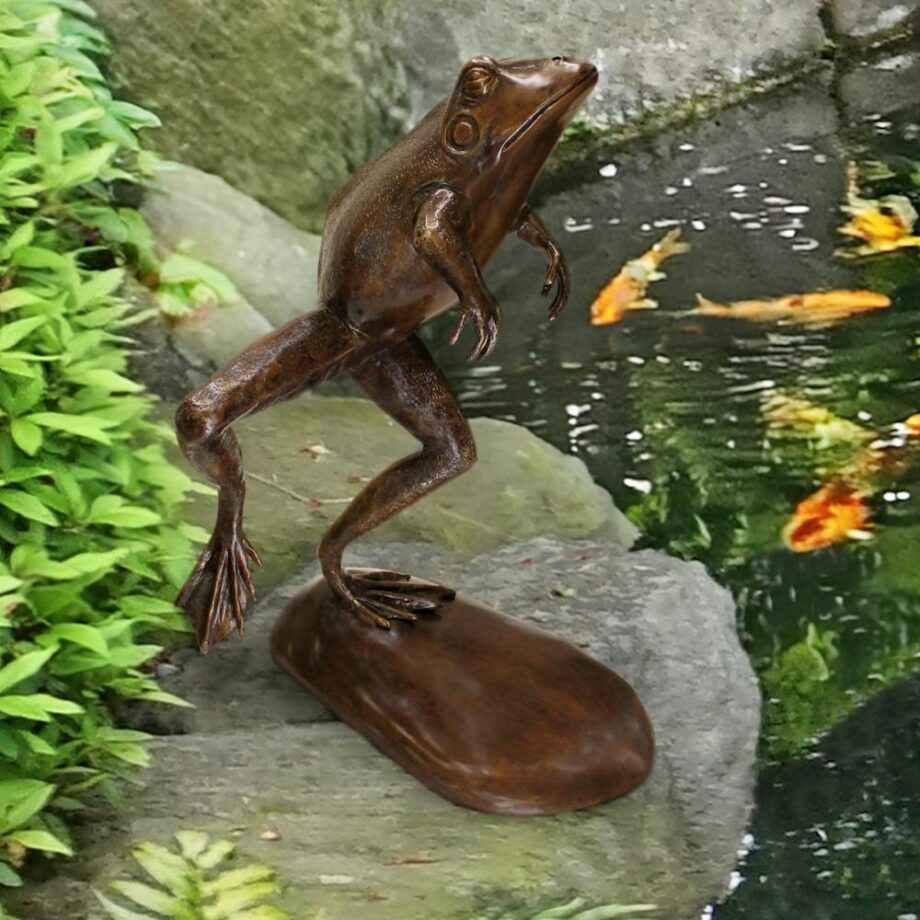 Leaping, Spitting Frog Cast Bronze Garden Statue: Brown Sepia AS22053