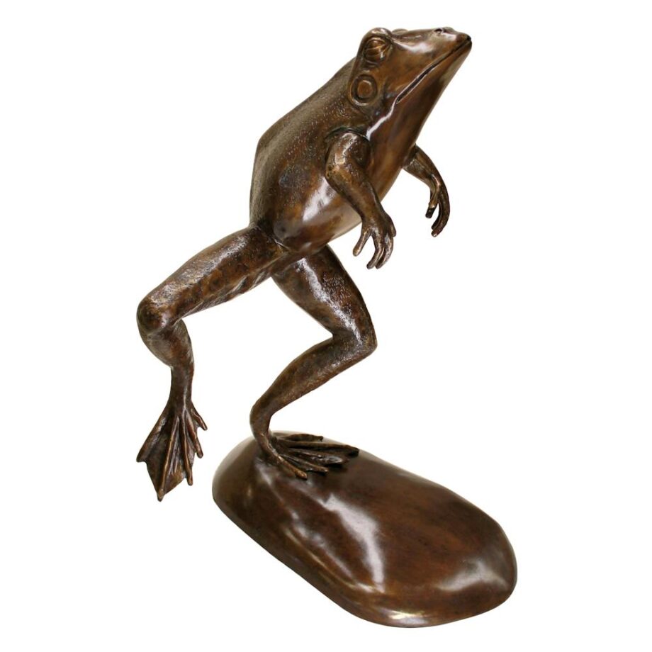 Leaping, Spitting Frog Cast Bronze Garden Statue: Brown Sepia