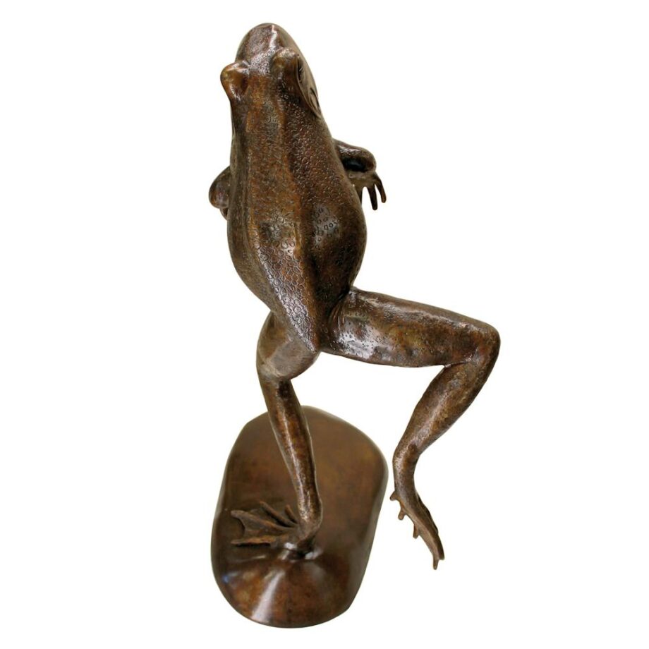 Leaping, Spitting Frog Cast Bronze Garden Statue: Brown Sepia