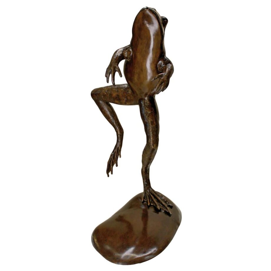 Leaping, Spitting Frog Cast Bronze Garden Statue: Brown Sepia