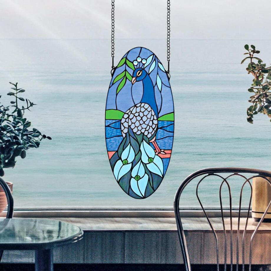 Majestic Peacock Oval Stained Glass Window