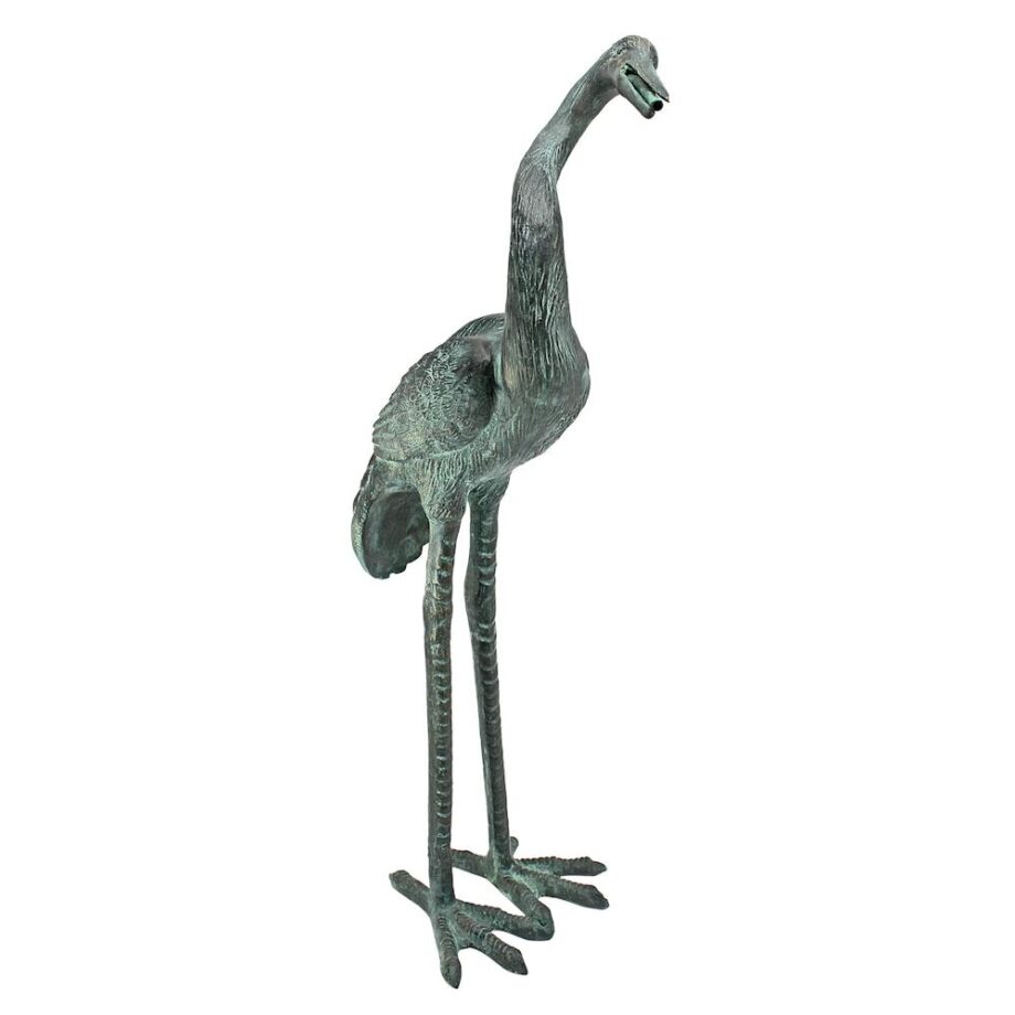 Medium Bronze Crane Piped Garden Statue: Curved Neck