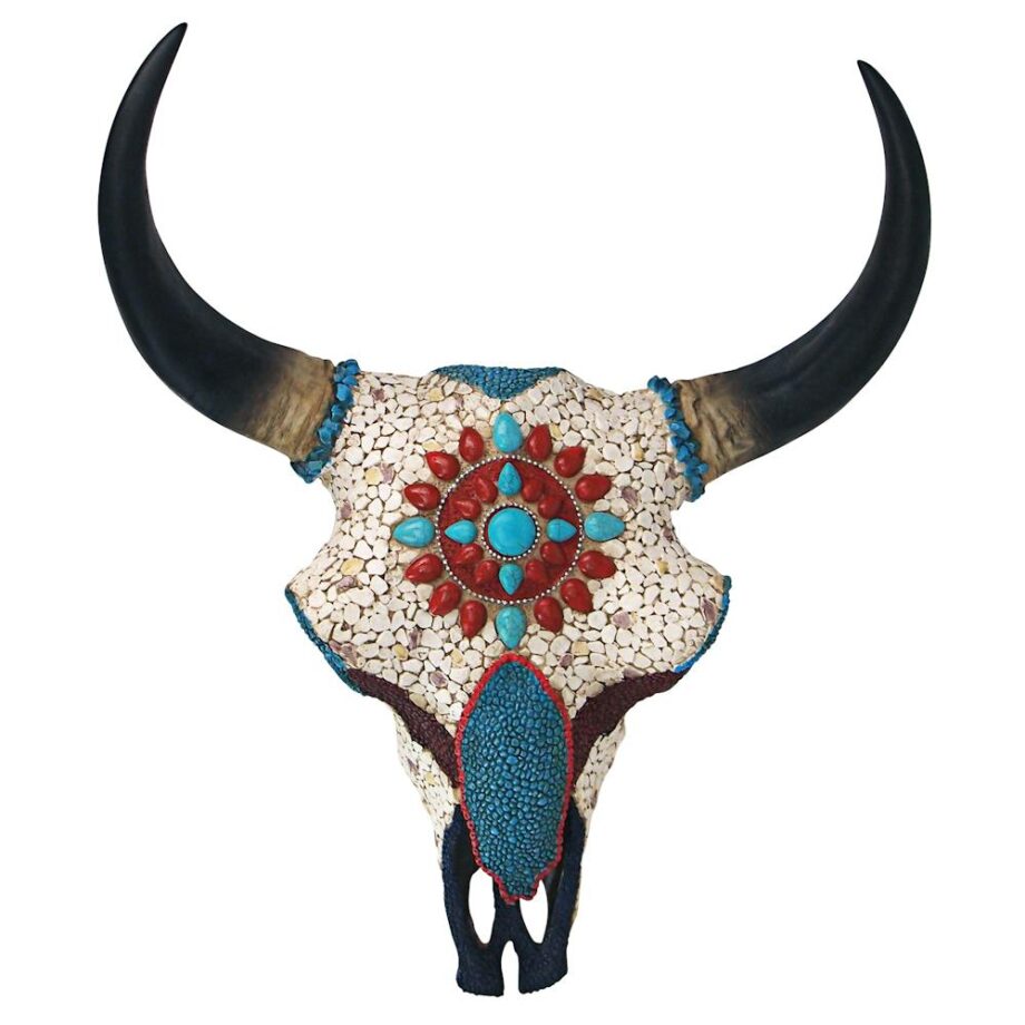 Mystic Plains Warrior Faux Gem Encrusted Cow Skull Wall Sculpture: Large