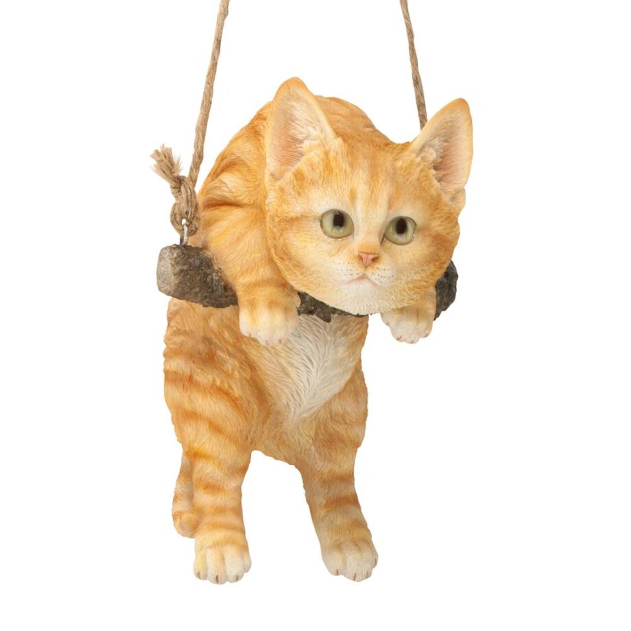 Orange Tabby Kitty on a Perch Hanging Cat Sculpture JQ108049