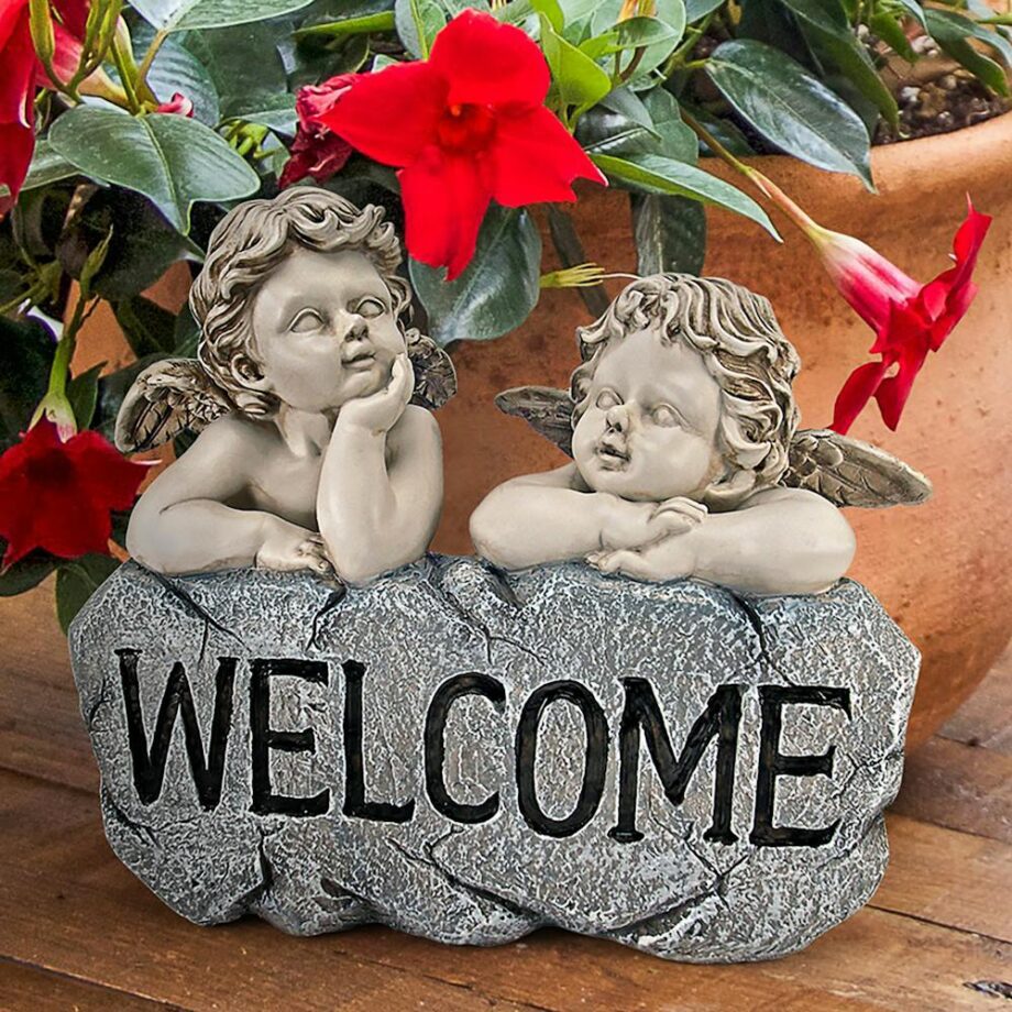 Raphael's Cherub Twins Welcome Sign Statue QL30642