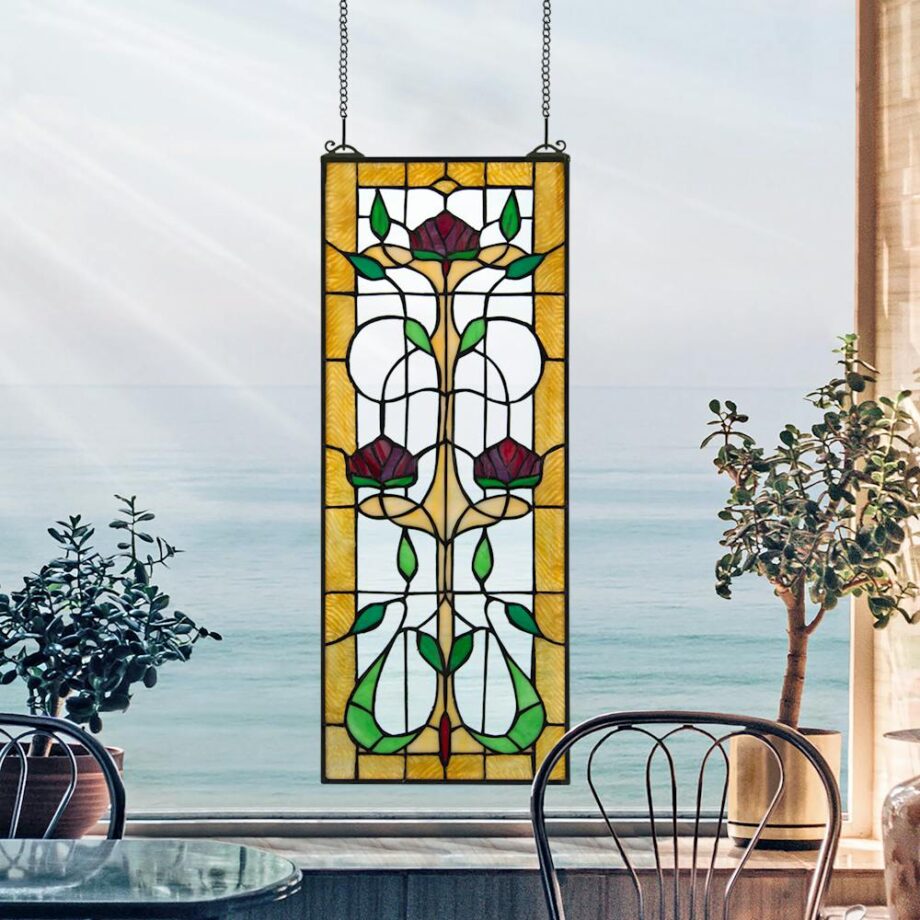 Ruskin Rose Three Flower Tiffany-Style Stained Glass Window