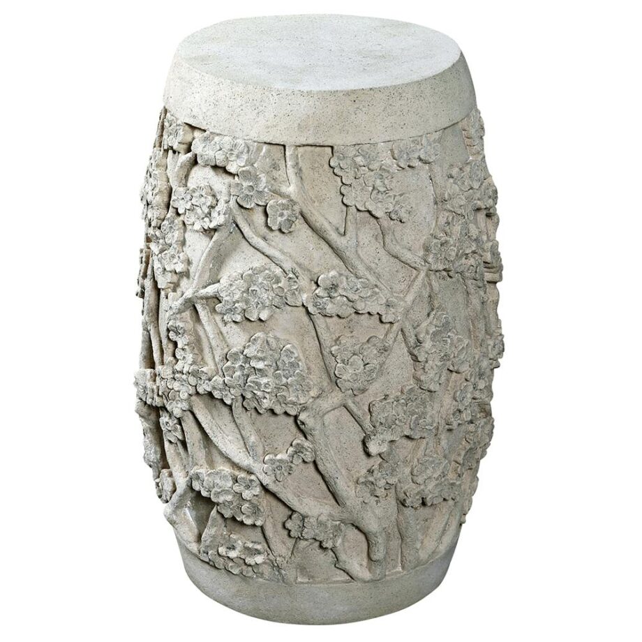 Sakura Cherry Blossom Asian Sculptural Pedestal Table: Stone Finish