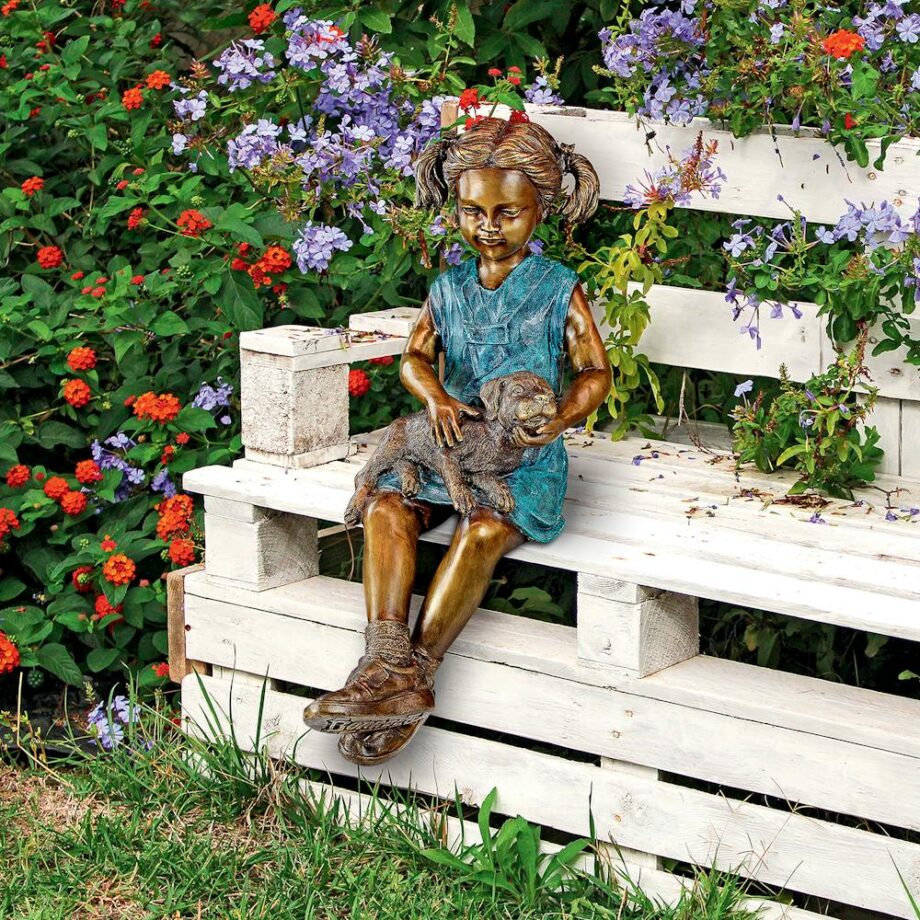 Sitting Savannah, Girl with Dog Cast Bronze Garden Statue PN6341