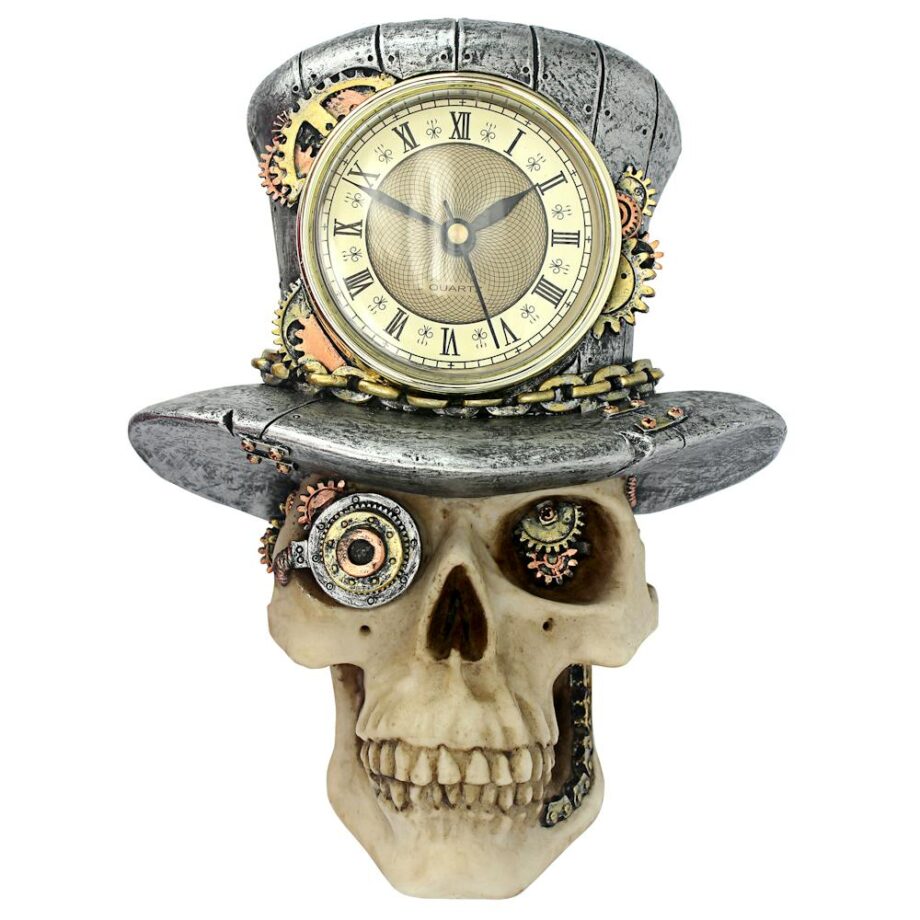 Steampunk Mad Hatter Skull Sculptural Wall Clock